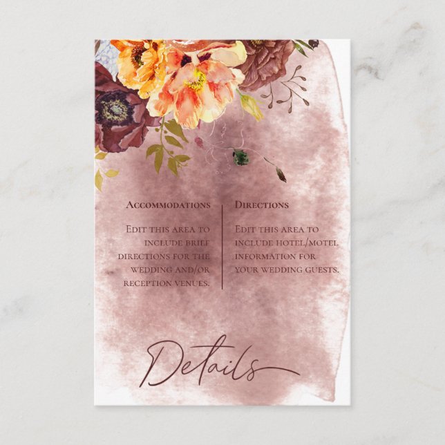 Marsala Clay & Yellow Bouquet Details Wedding Enclosure Card (Front)
