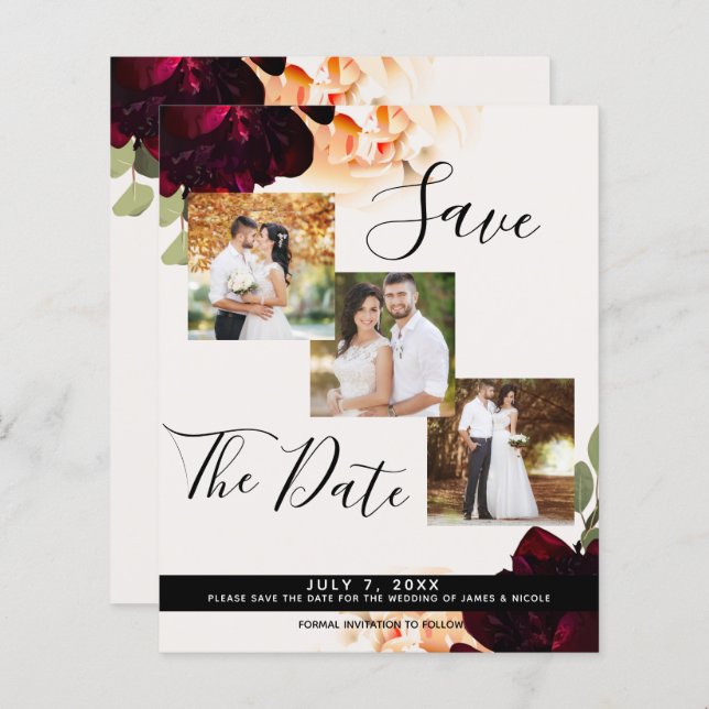 Marsala & Cream Floral Wedding Photo Save the Date (Front/Back)