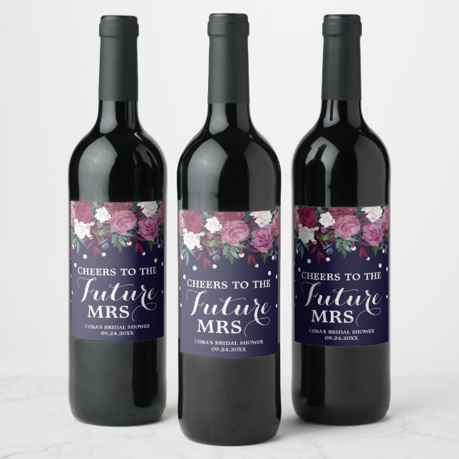 Marsala Floral and Navy Future Mrs Bridal Shower Wine Label (Bottles)