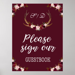 Marsala Floral Antler Burgundy Sign Our Guestbook