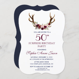 Marsala Floral Antlers Navy 50th Surprize Birthday Invitation