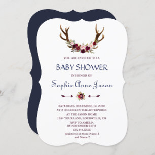 Marsala Floral Antlers Navy Blue Fall Baby Shower Invitation