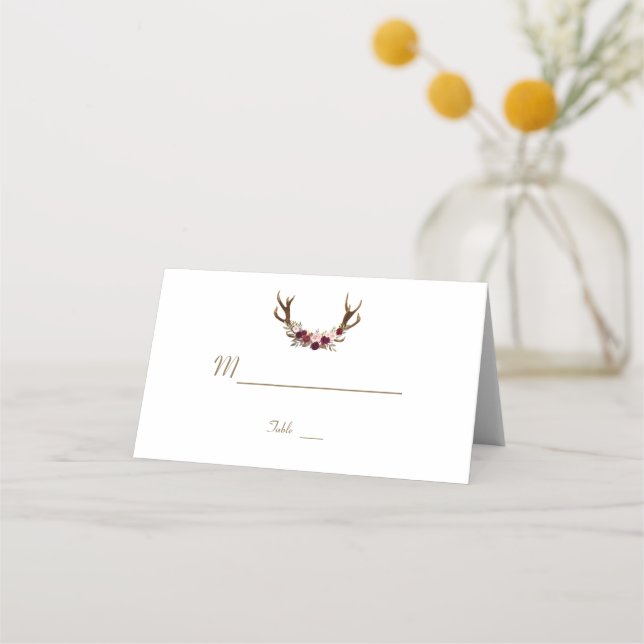 Marsala Floral Antlers Navy Blue Fall Table Number Place Card (Back)
