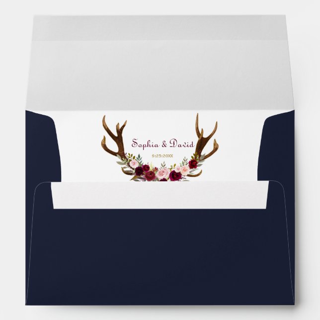 Marsala Floral Antlers Navy Blue Fall Wedding Envelopes (Back (Bottom))