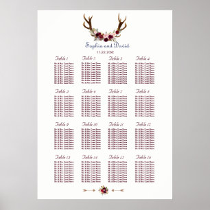 Marsala Floral Antlers Navy Blue Fall Wedding Poster