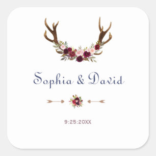 Marsala Floral Antlers Navy Blue Fall  Wedding Square Sticker