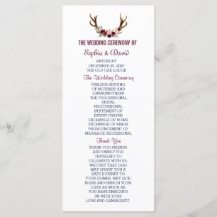 Marsala Floral Antlers Navy Blue Wedding Program