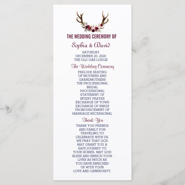 Marsala Floral Antlers Navy Blue Wedding Program (Front)