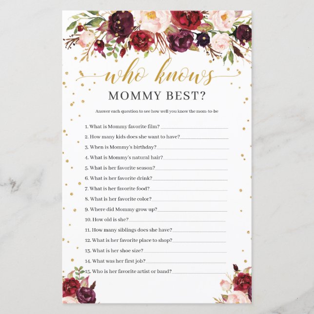 Marsala floral boho who knows mummy best game (Front)