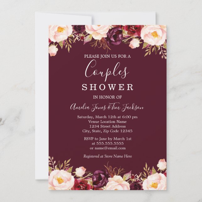 Marsala Floral Burgundy Wedding Couples Shower Invitation (Front)