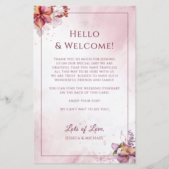 Marsala Floral Elegant Wedding Welcome Itinerary (Front)