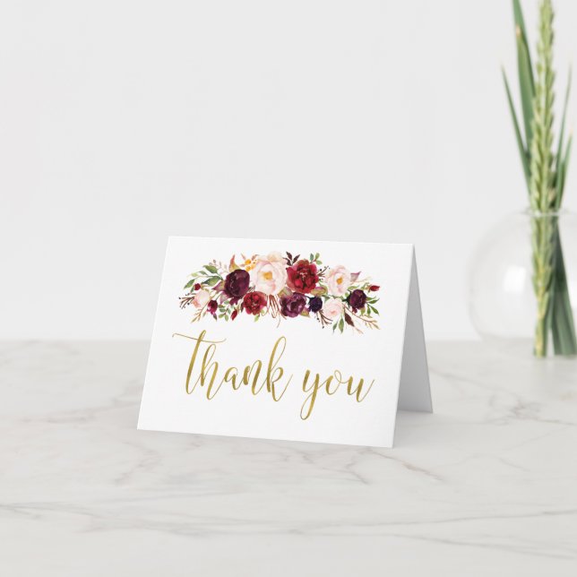 Marsala Floral Gold Autumn Wedding Thank You Card (Front)