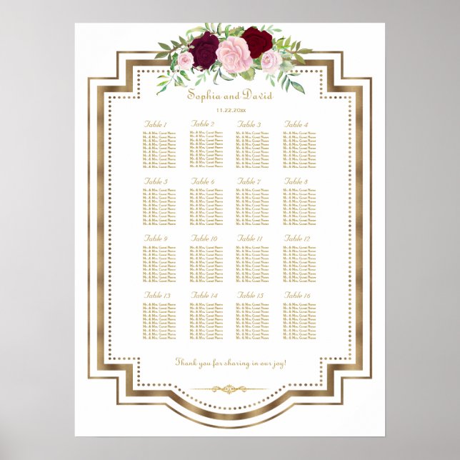 Marsala Floral Gold Wedding Seating Chart (Front)