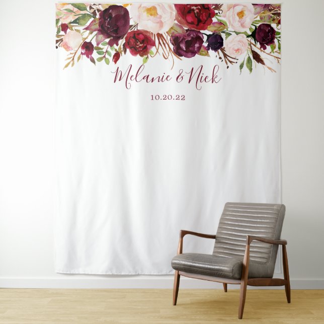 Marsala Floral Greenery wedding photo backdrop Tapestry (In Situ)