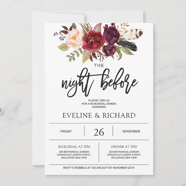 Marsala floral handwritten lettering rehearsal invitation (Front)