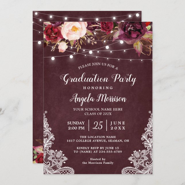 Marsala Floral Lace String Lights Photo Graduation Invitation (Front/Back)
