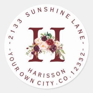 Marsala Floral Monogram Circular Address Label