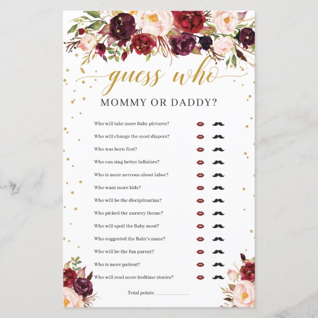 Marsala floral mummy or daddy baby shower game (Front)