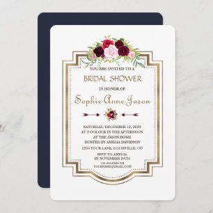 Marsala Floral Navy Blue Gold Fall Bridal Shower Invitation