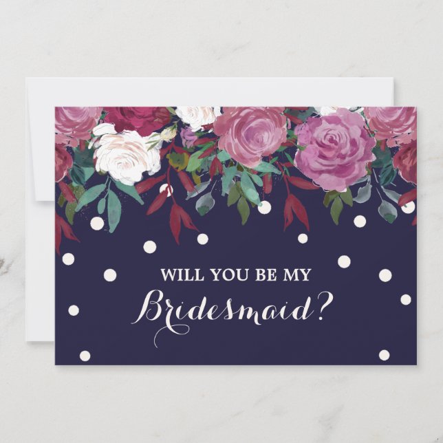 Marsala Floral on Navy Will You Be My Bridesmaid Invitation (Front)