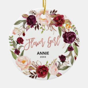 Marsala Floral Rose Gold Flower Girl Ceramic Ornament