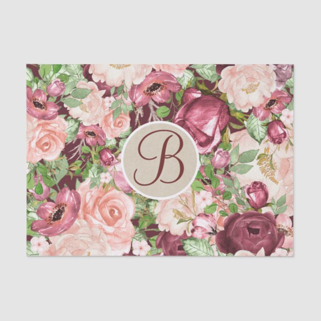 Marsala Floral Rustic Monogram Letter Initial Tissue Paper (Front)