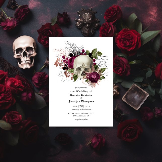 Marsala Floral Skull Halloween Gothic Wedding Invitation (Creator Uploaded)