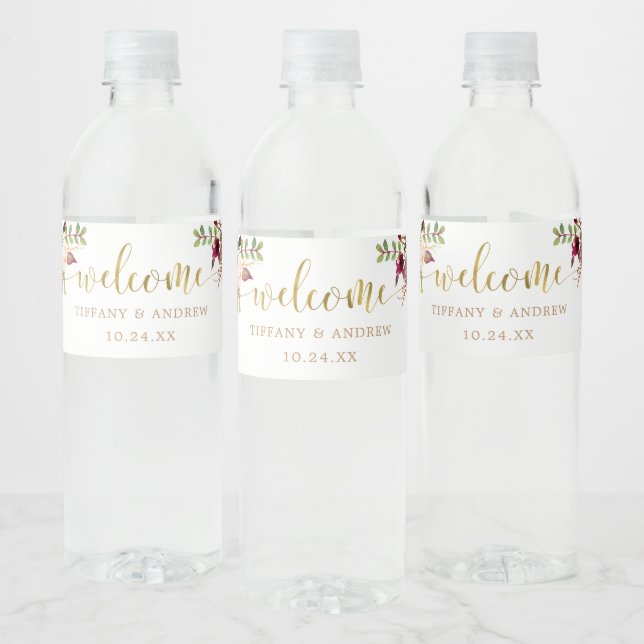 Marsala Floral Wedding Welcome Water Bottle Label (Bottles)