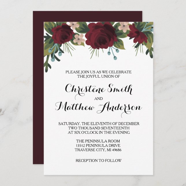 Marsala Floral Winter Wedding Invite (Front/Back)