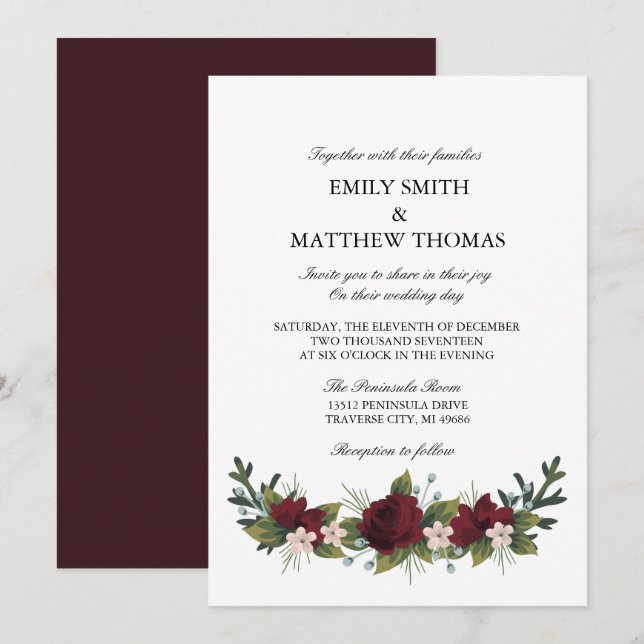 Marsala Floral Winter Wedding Invite (Front/Back)
