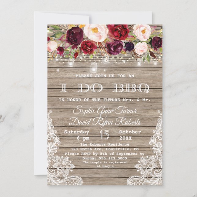 Marsala Floral Wood Mason Jar Lights I DO BBQ Invitation (Front)