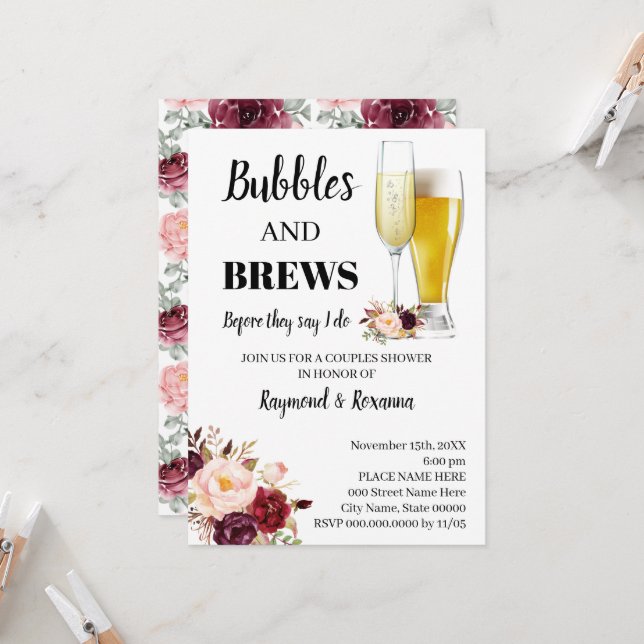 Marsala Flowers Bubble & Brews Couples Shower Invitation (Front/Back In Situ)