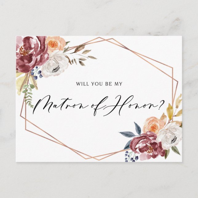 Marsala Flowers Geometric Matron of Honour Card (Front)