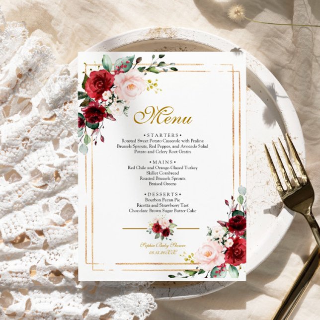 Marsala Flowers & Gold Frame Baby Shower Menu (Creator Uploaded)
