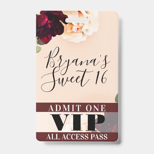 Marsala Flowers & String Lights Sweet 16 VIP Pass ID Badge (Front)