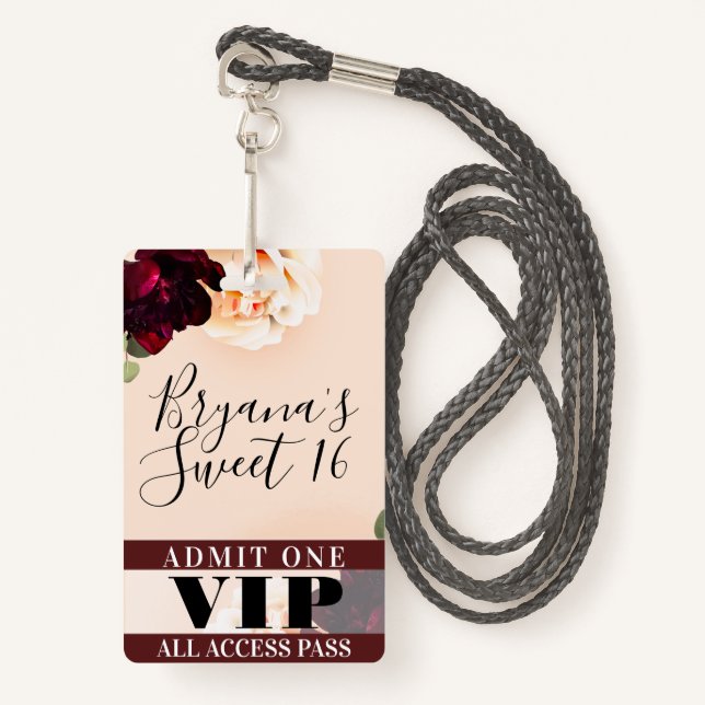 Marsala Flowers & String Lights Sweet 16 VIP Pass ID Badge (Front with Lanyard)