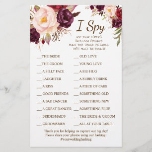 Marsala Flowers Wedding Reception I Spy Game Card