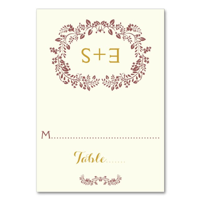 Marsala foliage and initials wedding place card (Front)