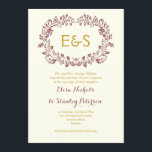 Marsala foliage wreath frame with initials wedding invitation<br><div class="desc">Marsala foliage wreath frame monogram wedding invitation featuring your initials in a marsala colour frame made of leaves and text in gold on ivory. This modern stylish and elegant monogrammed template is a totally customisable design part of a wedding set perfect for your spring, summer and fall or autumn wedding....</div>