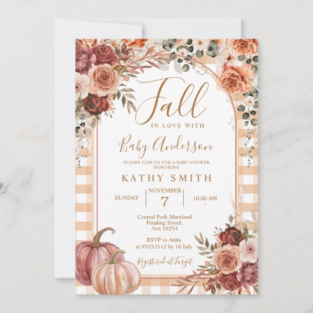 Marsala Gingham Pumpkin Fall In love Baby Shower Invitation (Front)