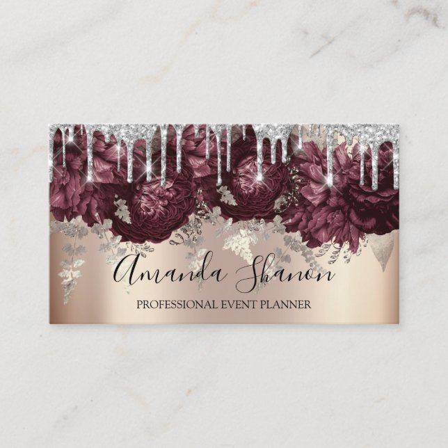  Marsala Glitter Drips Logo Event Planner RoseGold Business Card (Front)