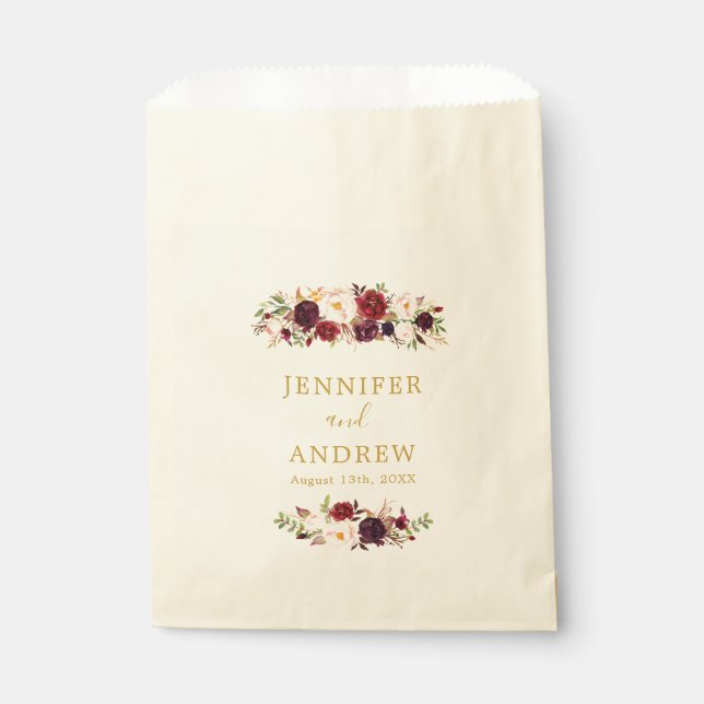Marsala Gold Burgundy Floral Elegant Wedding Favour Bag (Front)