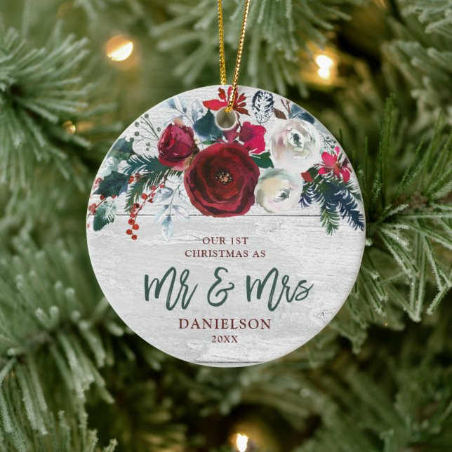 Marsala Greenery Personalised First Mr & Mrs Ceramic Ornament (Tree)