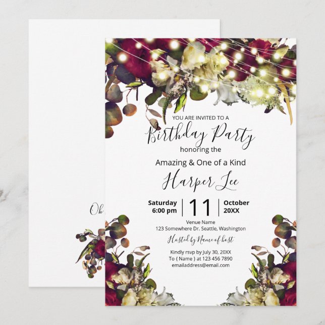 Marsala & Ivory Watercolor Roses Birthday Party Invitation (Front/Back)