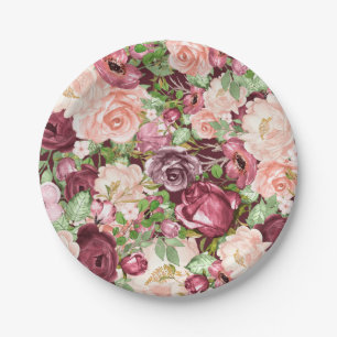 Marsala Maroon Burgundy Rustic Floral Flowers Paper Plate