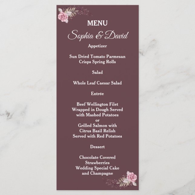 Marsala Maroon Floral Watercolor Wedding Menu (Front)