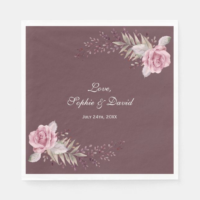 Marsala Maroon Floral Watercolor Wedding Napkin (Front)