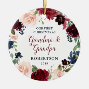 Marsala & Navy Floral Blush Roses Grandma Grandpa Ceramic Ornament