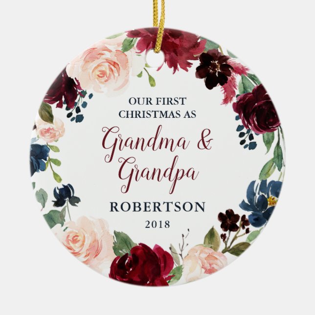 Marsala & Navy Floral Blush Roses Grandma Grandpa Ceramic Ornament (Front)