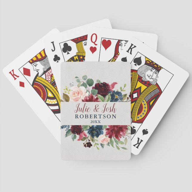 Marsala & Navy Floral Personalised Wedding Favour Playing Cards (Back)